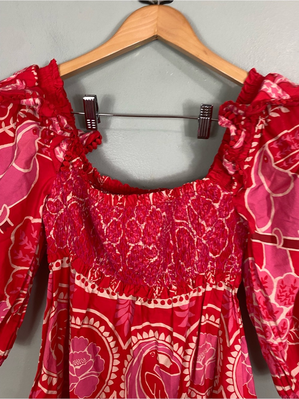 Farm Rio Summer Sunrise Mini Dress Red Pink Smocked Floral Small - Picture 3 of 11